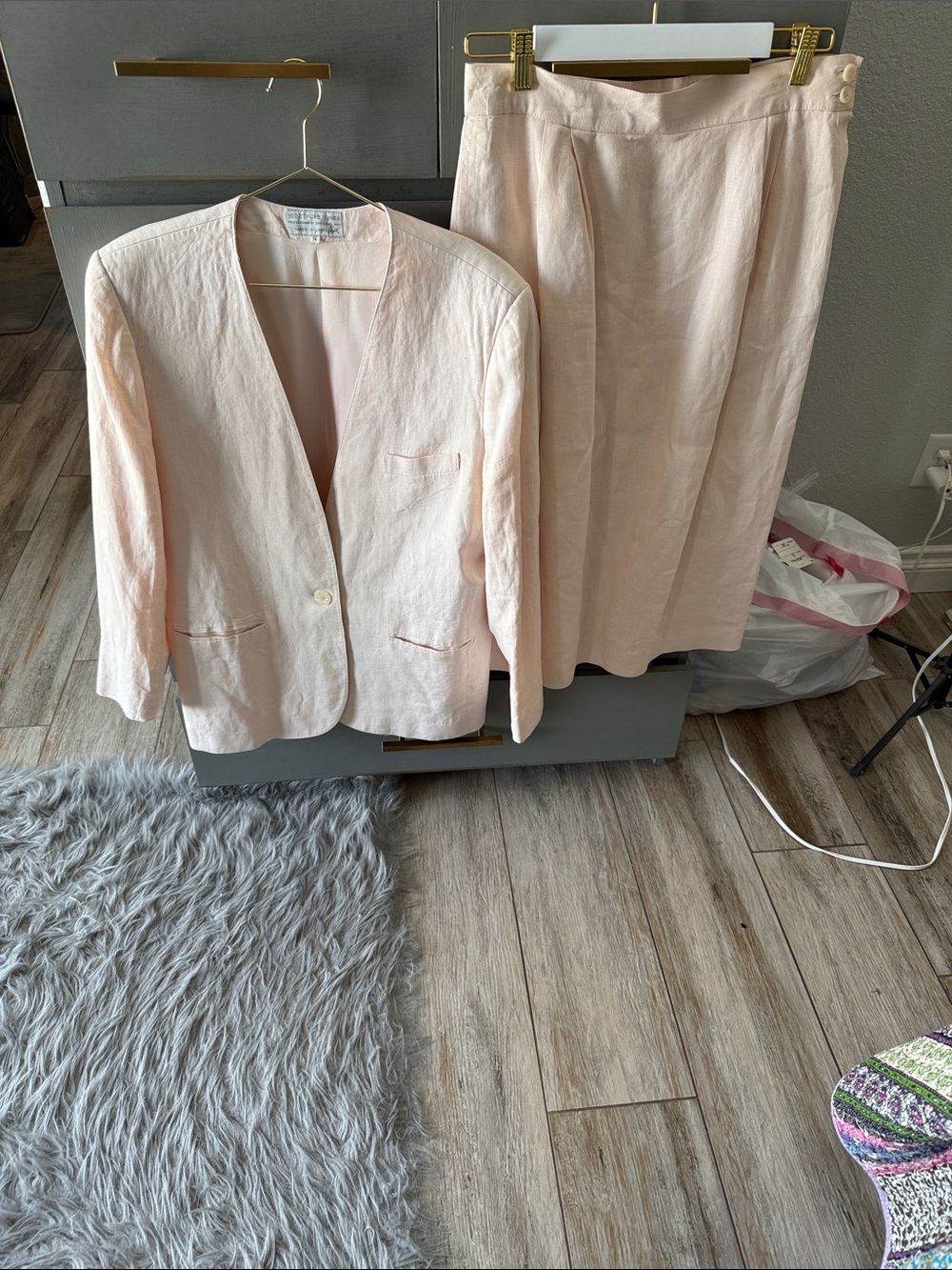 Light Pink Linen Blend Skirt Set — Classic Jacket & Midi Skirt